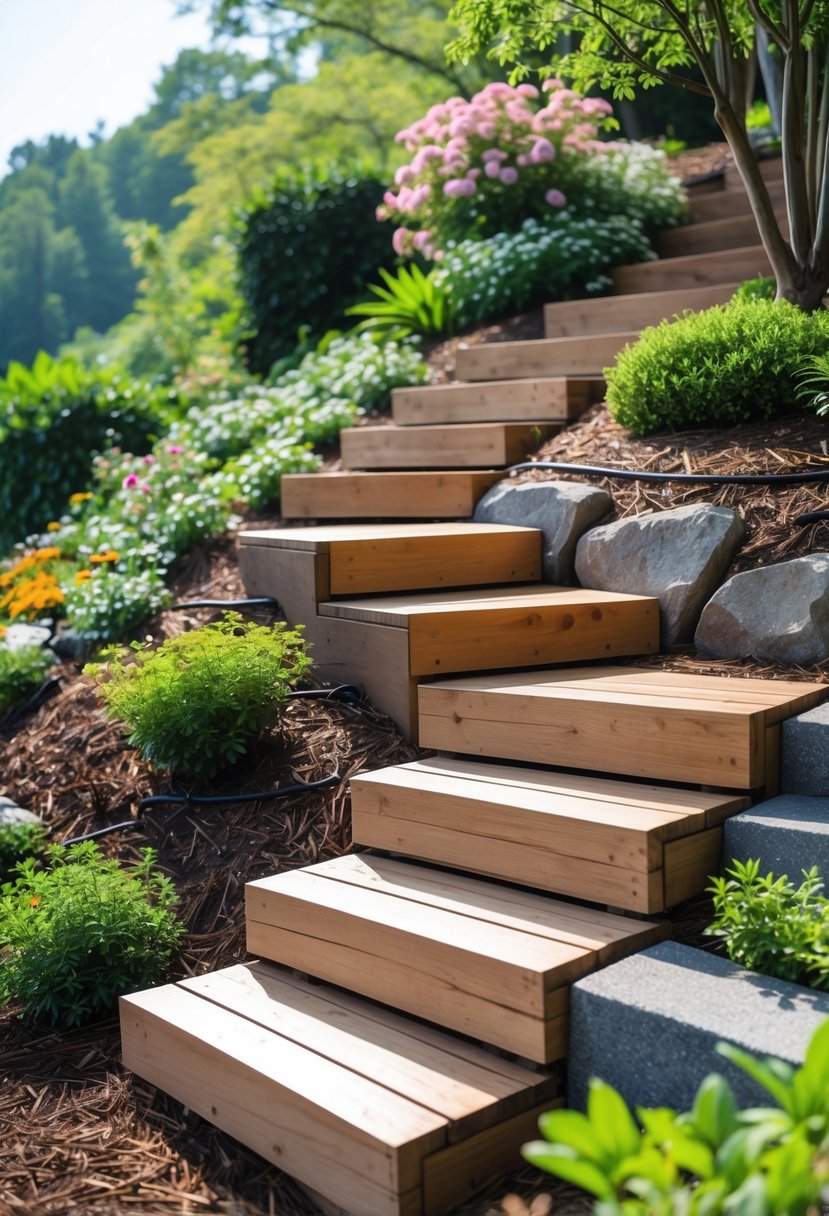 Wooden steps built into a garden hillside surrounded by plants and greenery.