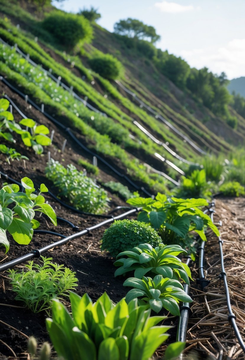 A sloped garden on a hillside with plants being watered by drip irrigation tubes.
