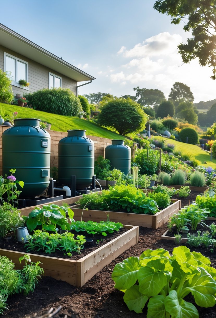 A garden on a hill with rain barrels collecting water runoff next to raised beds filled with vegetables and flowers.