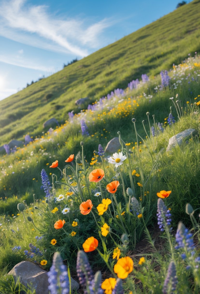 A hill covered with colorful wildflower patches under a clear blue sky.