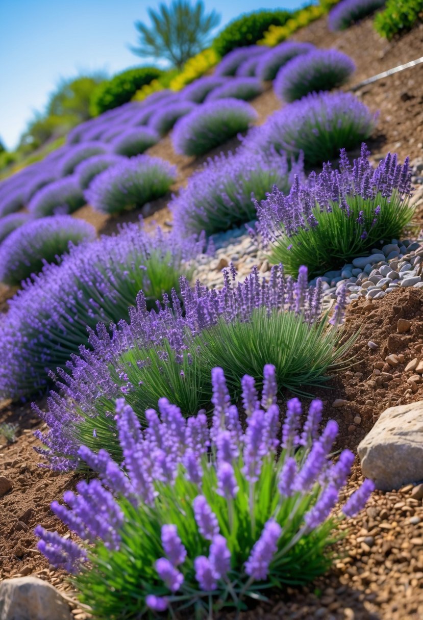 A hillside garden covered with healthy purple lavender plants in full bloom under a clear blue sky.