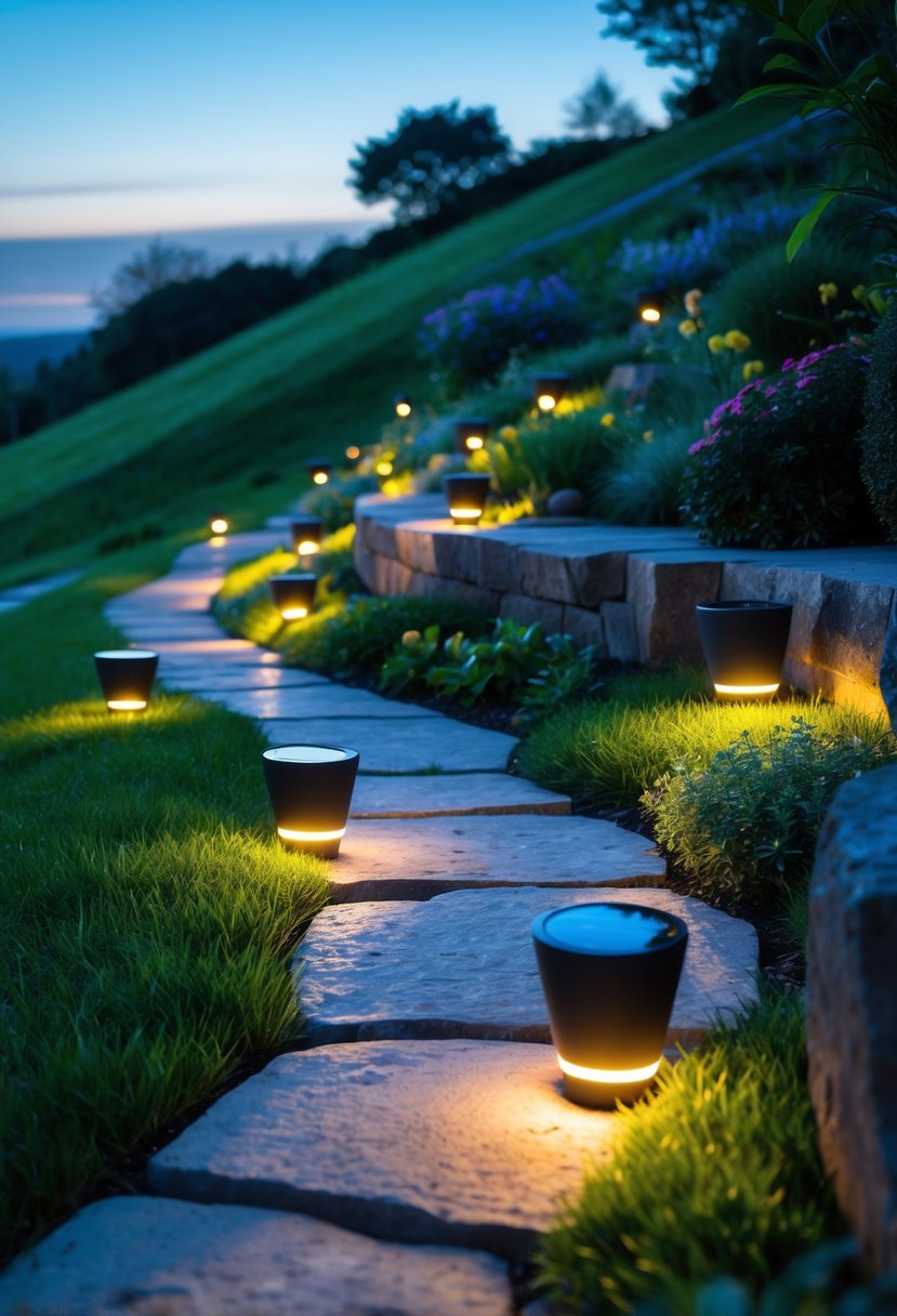 A winding garden path on a hill lined with glowing solar lights surrounded by green grass and plants at dusk.