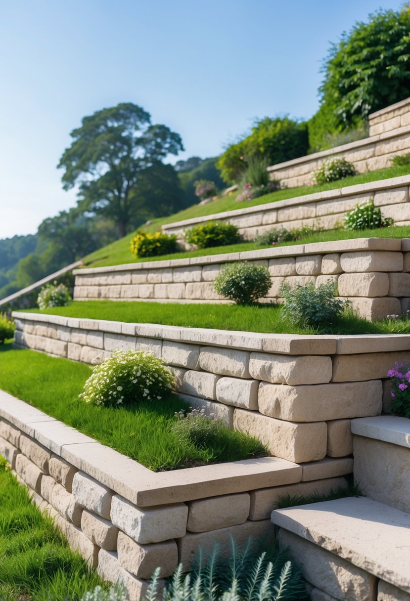 A hillside garden with natural stone retaining walls, green grass, and small plants on a sunny day.