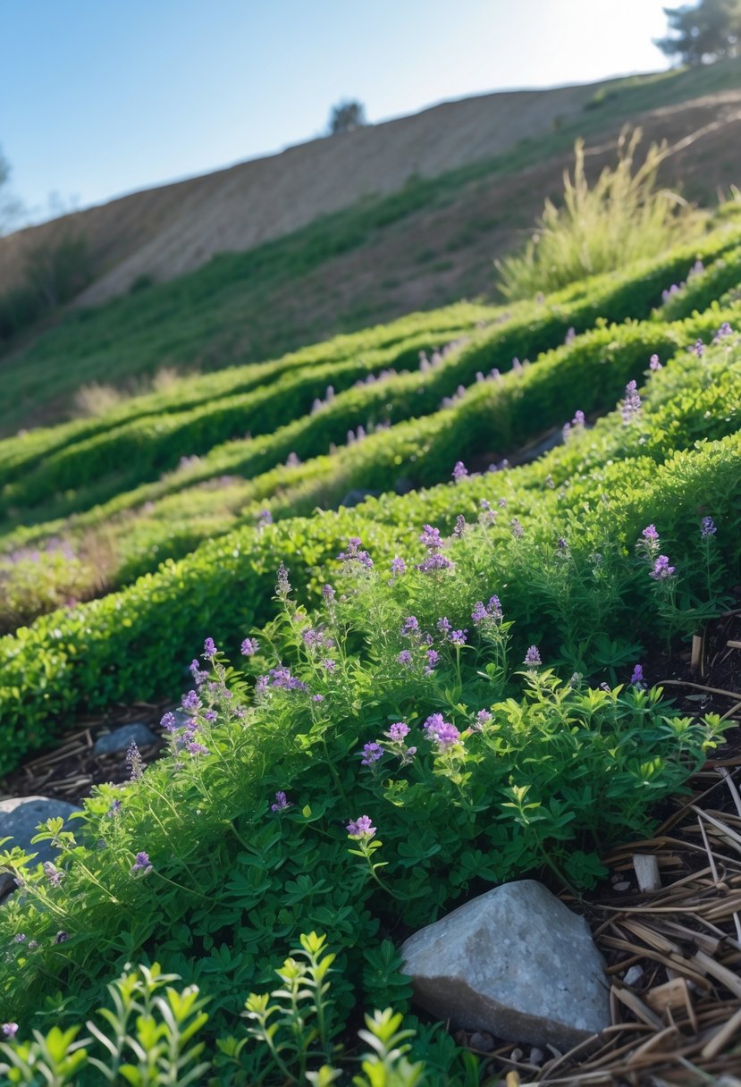 A hillside garden covered with green creeping thyme plants with small purple flowers, preventing soil erosion.