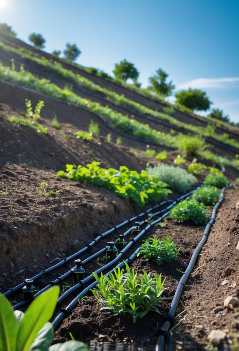 A garden on a sloping hill with plants watered by a drip irrigation system following the uneven terrain.