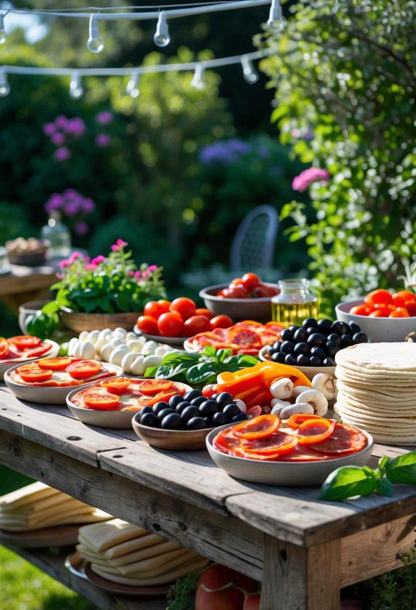 Outdoor DIY pizza station with various fresh toppings arranged on a wooden table in a garden setting.