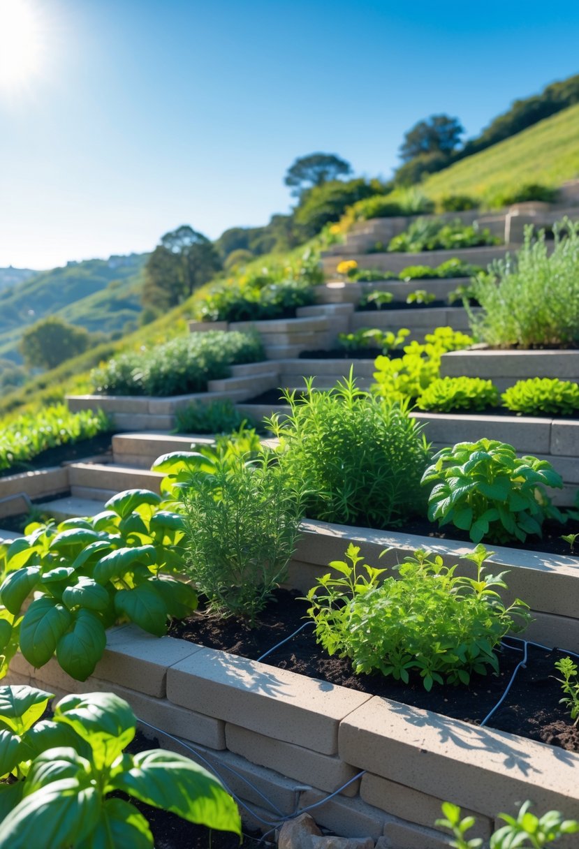 A sunny hillside garden with stone terraced beds filled with green herb plants and clear blue sky above.