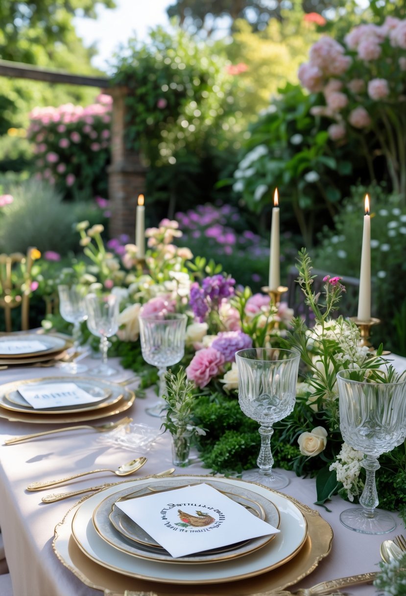 An outdoor garden party table set with elegant decorations and place cards featuring Italian city motifs, surrounded by greenery and flowers.