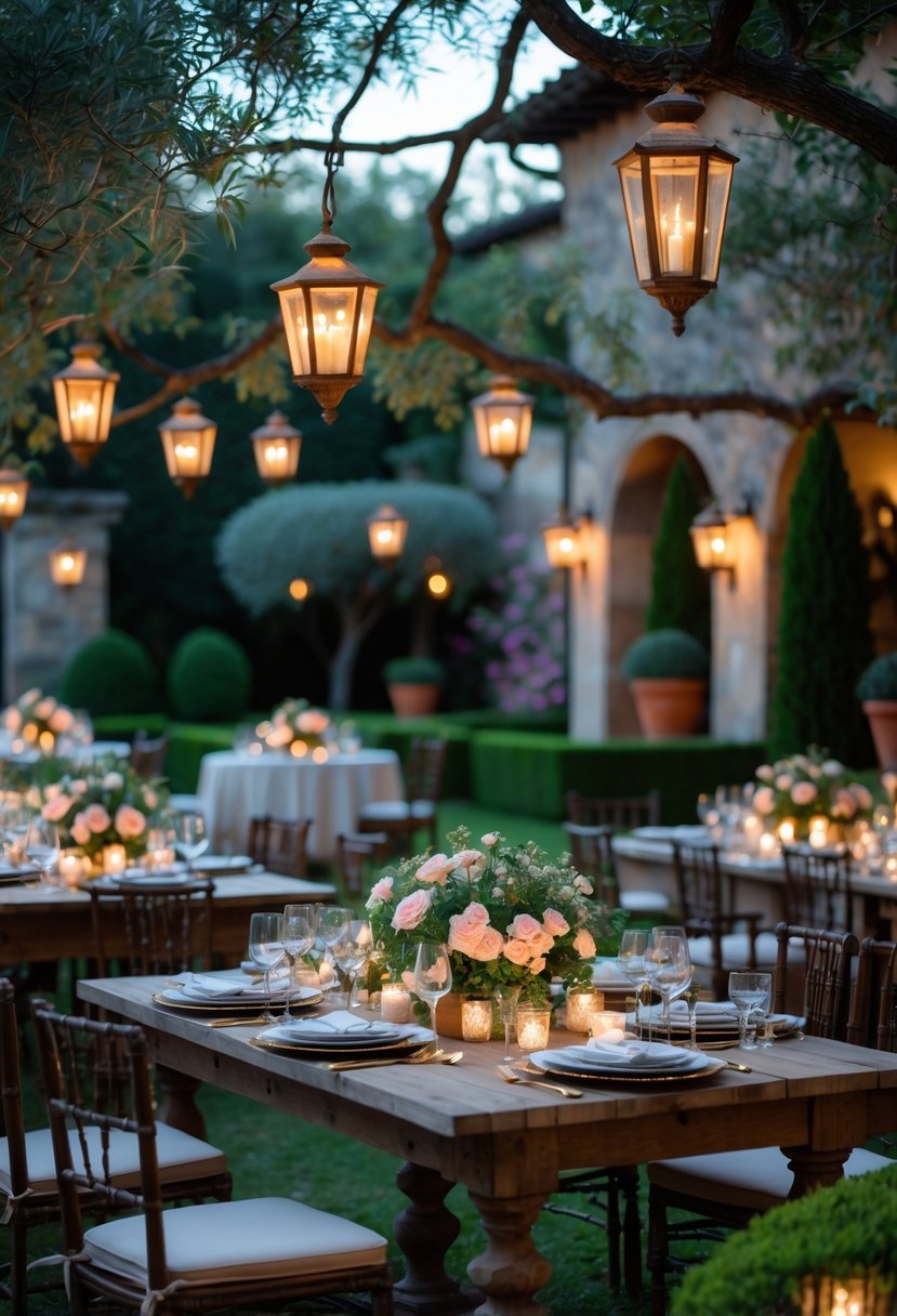 An elegant Italian garden at dusk with wrought iron lanterns softly lighting tables surrounded by greenery and flowers.