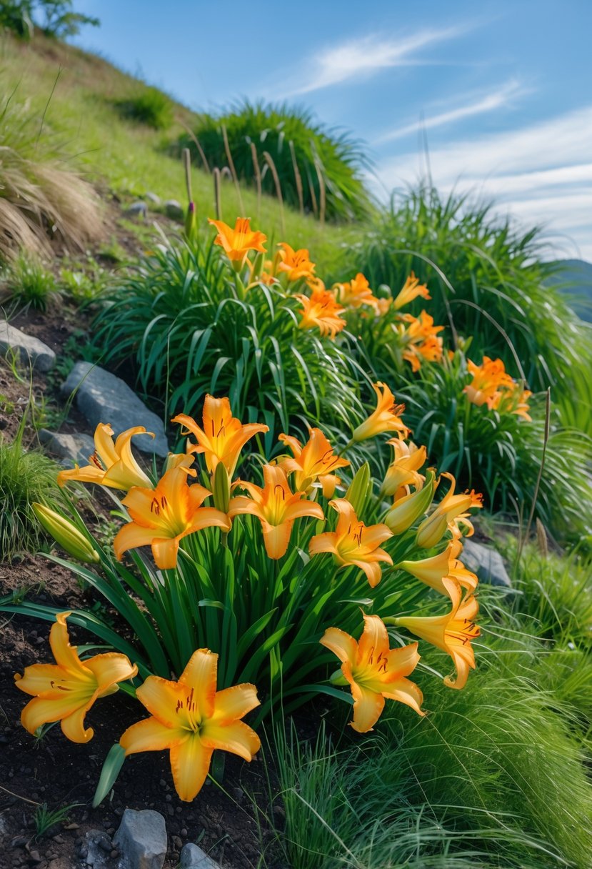 A hillside garden with bright orange and yellow daylilies growing among green grass and small rocks under a clear blue sky.