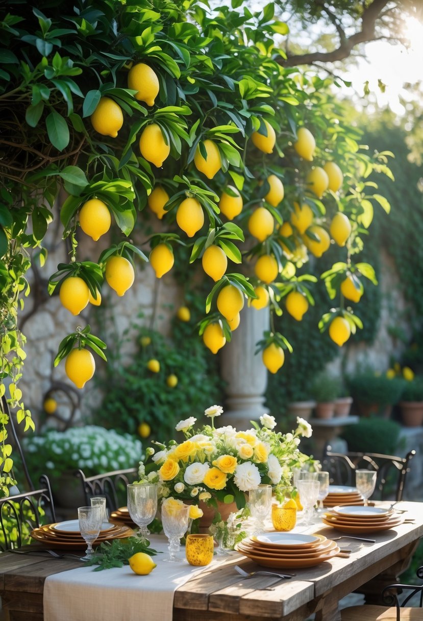 Outdoor table with a cascading lemon branch centerpiece surrounded by flowers and garden furniture in a sunny Italian garden.