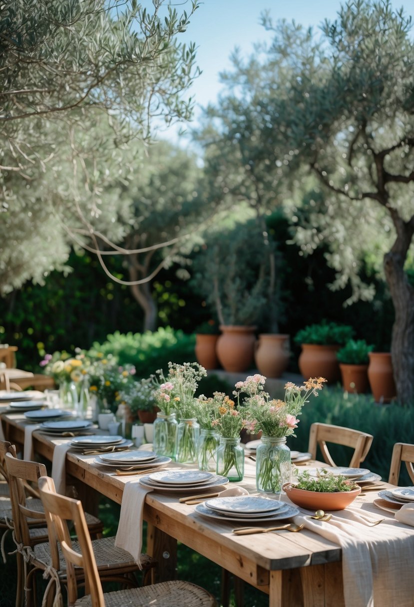 Outdoor Italian garden party with wooden tables covered in sun-bleached linen tablecloths and decorated with wildflowers and rustic tableware under green trees.