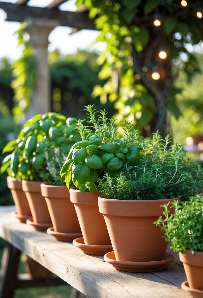 Terracotta pots with fresh herbs arranged outdoors in a garden setting with greenery in the background.