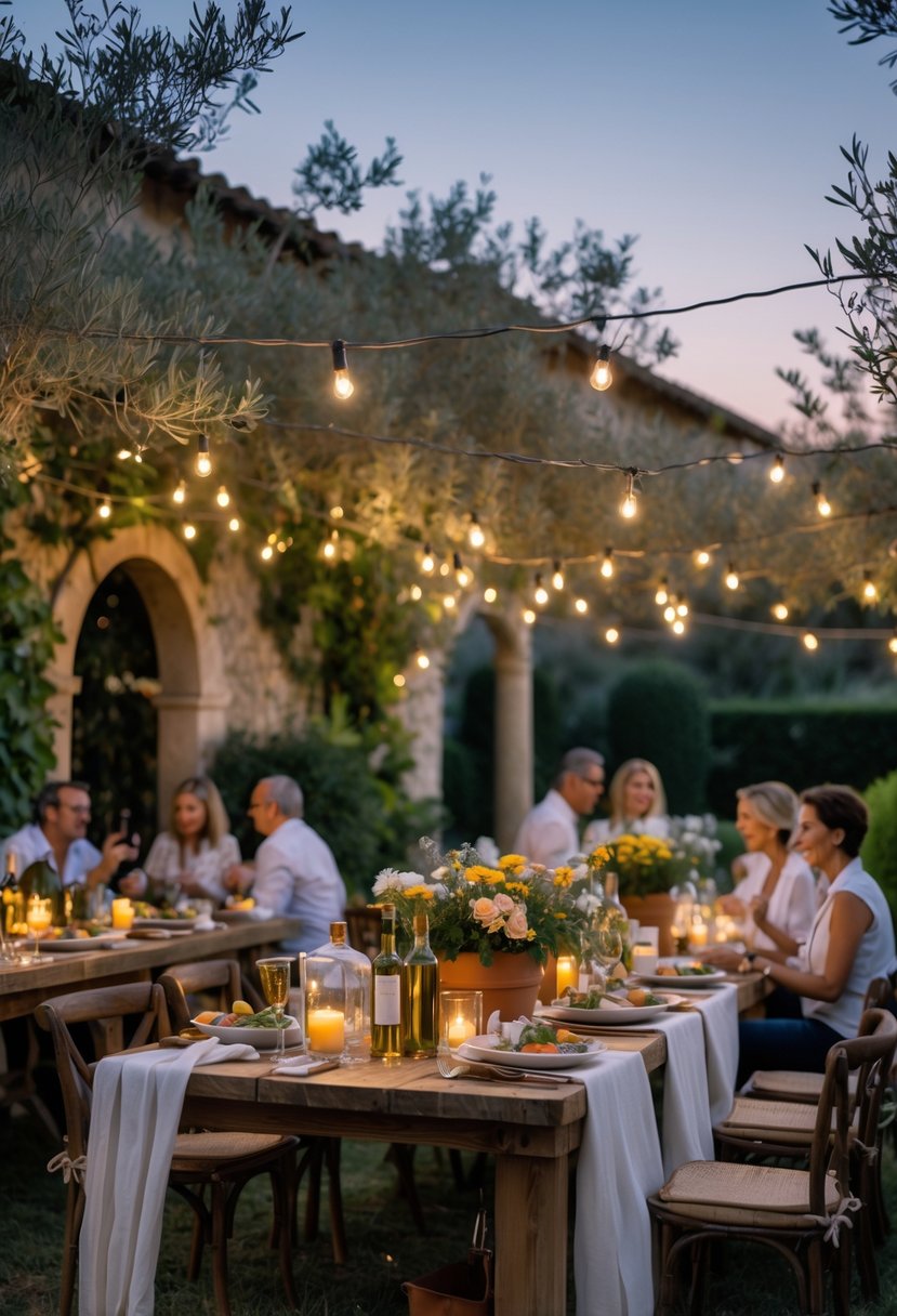 Outdoor Italian garden party with twinkle string lights overhead, tables with flowers and wine, and guests enjoying the evening under trees.