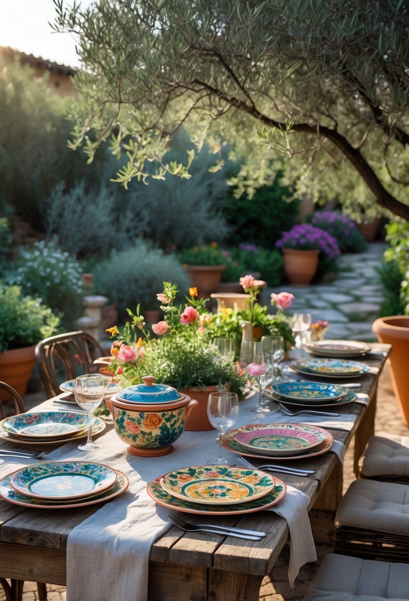 Outdoor garden party table set with colorful vintage ceramic plates surrounded by greenery and flowers.