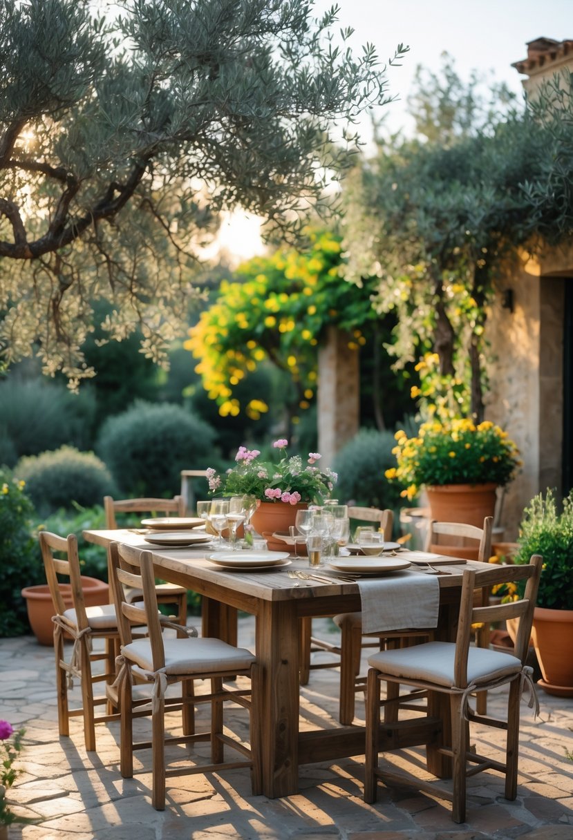 Outdoor wooden garden furniture set arranged in a green garden with plants and flowers, ready for a gathering.