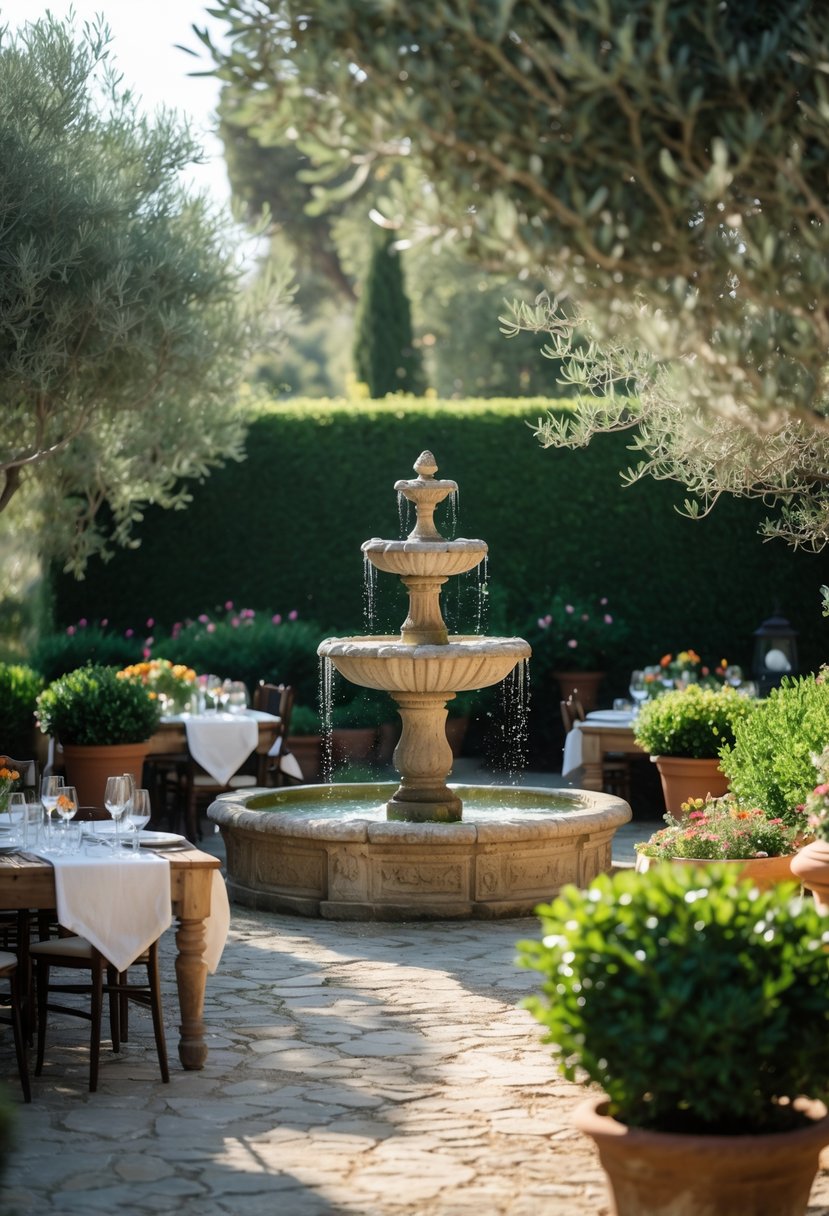 Outdoor Italian garden with a bubbling stone fountain surrounded by greenery and tables set for a party.