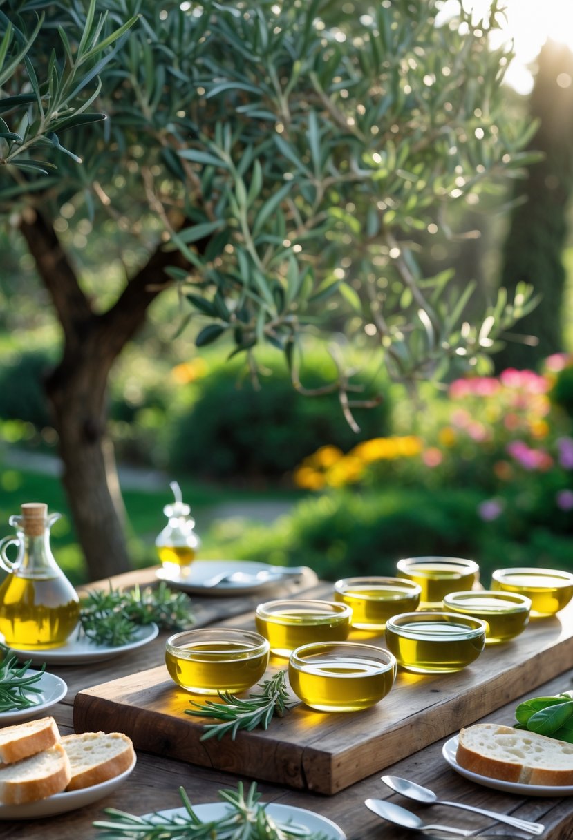 Outdoor olive oil tasting station with bowls of olive oil, bread slices, and herbs on a wooden table in a garden surrounded by olive trees and flowers.