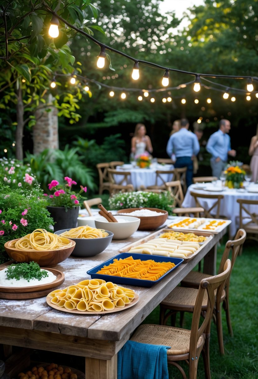 Outdoor garden party with a handmade pasta bar on a wooden table surrounded by plants and flowers, with people enjoying the setting in the background.