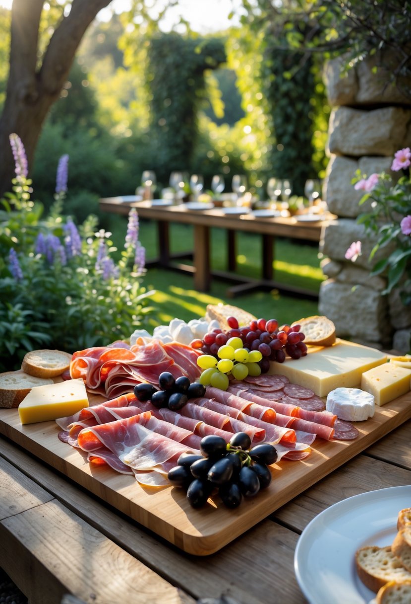 A charcuterie board with Italian meats, cheeses, fruits, and bread set outdoors in a lush garden with flowers and greenery.