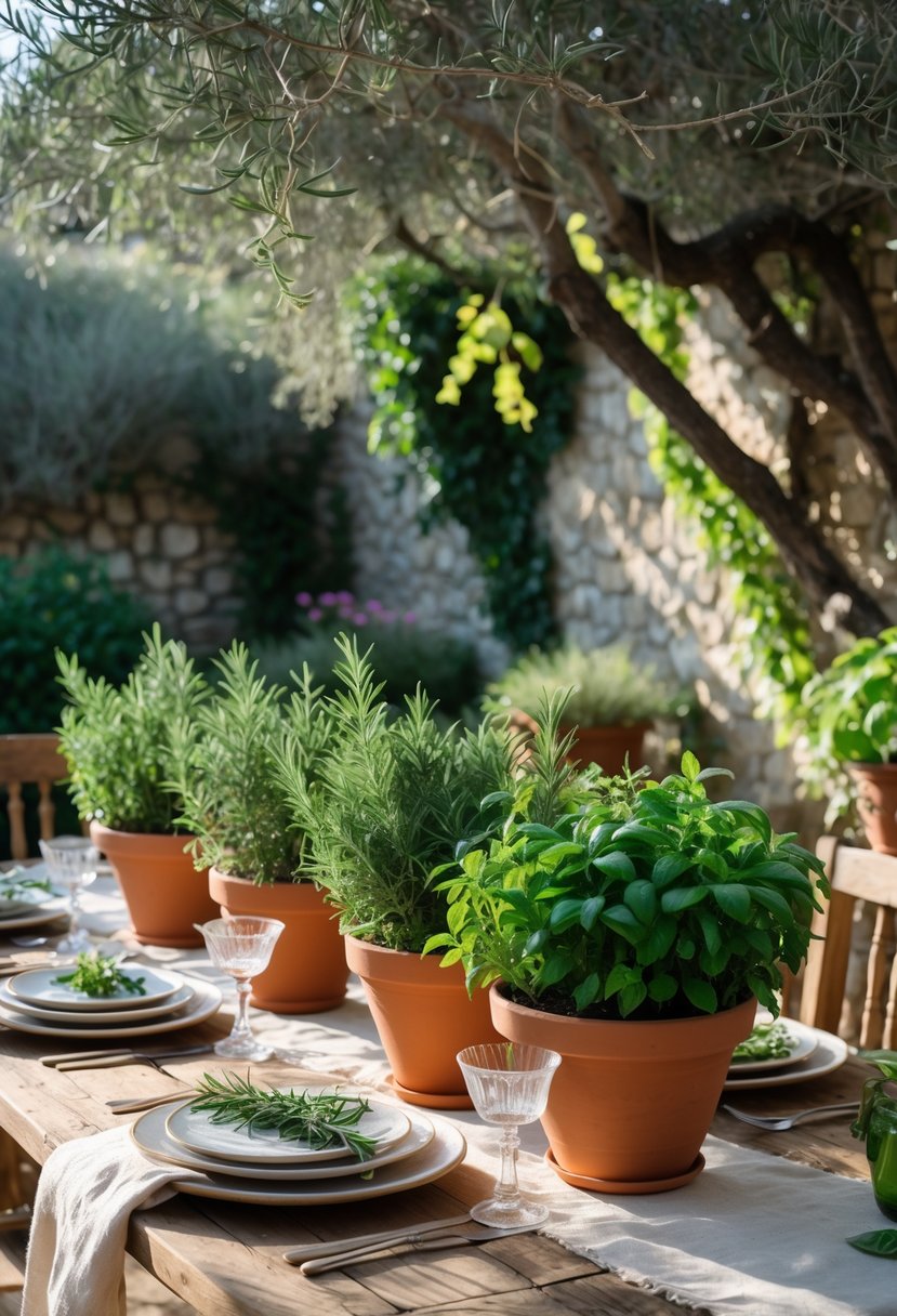 Terracotta pots filled with rosemary and basil herbs arranged on a wooden table in a garden with stone walls and greenery.