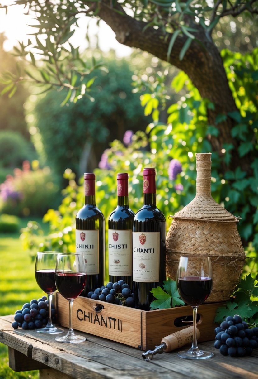 Bottles of Chianti wine and glasses on a wooden table outdoors in a garden with green plants and sunlight.