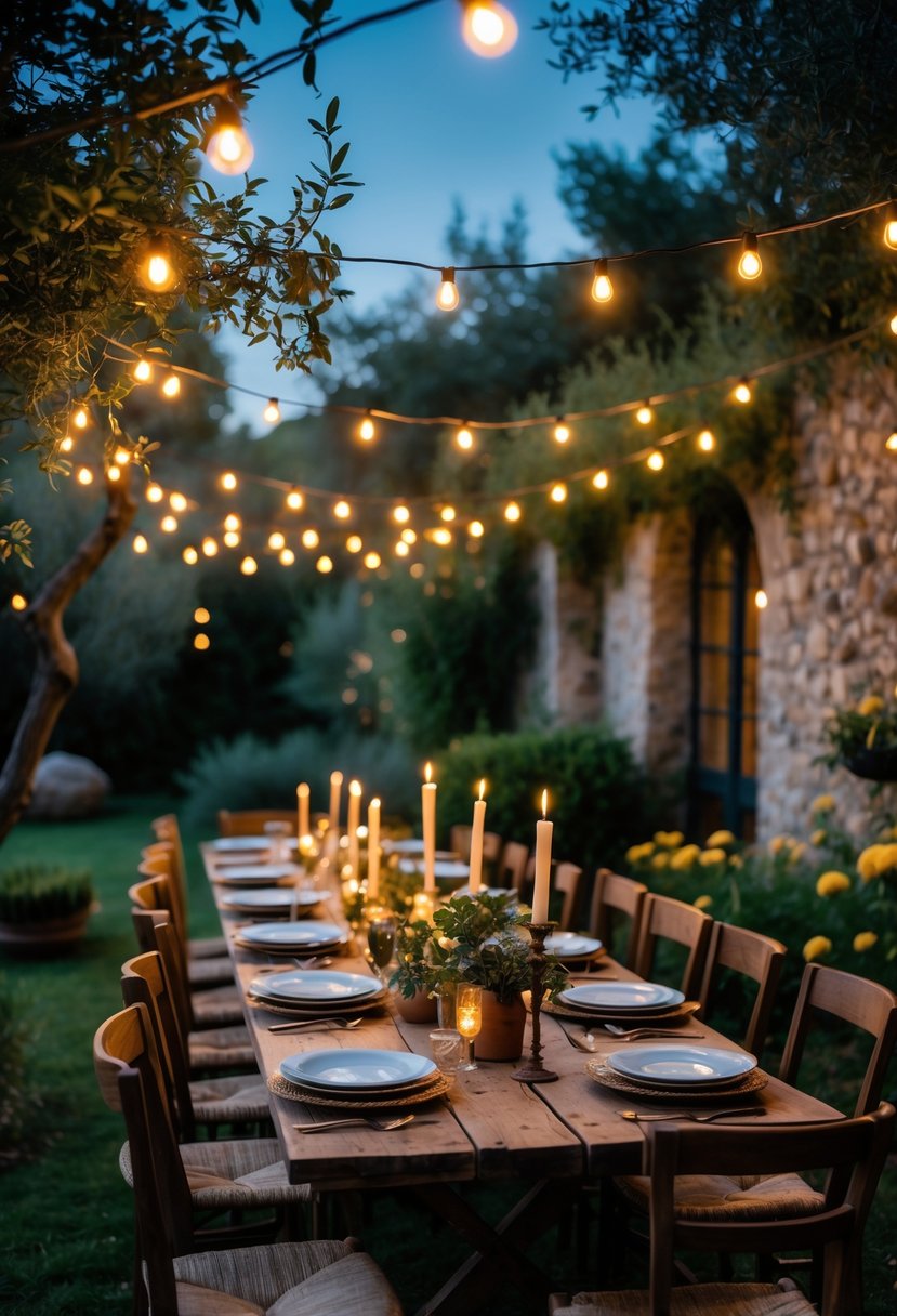 An outdoor garden party in the evening with string lights hanging overhead, a wooden table set for a meal, surrounded by greenery and rustic stone walls.