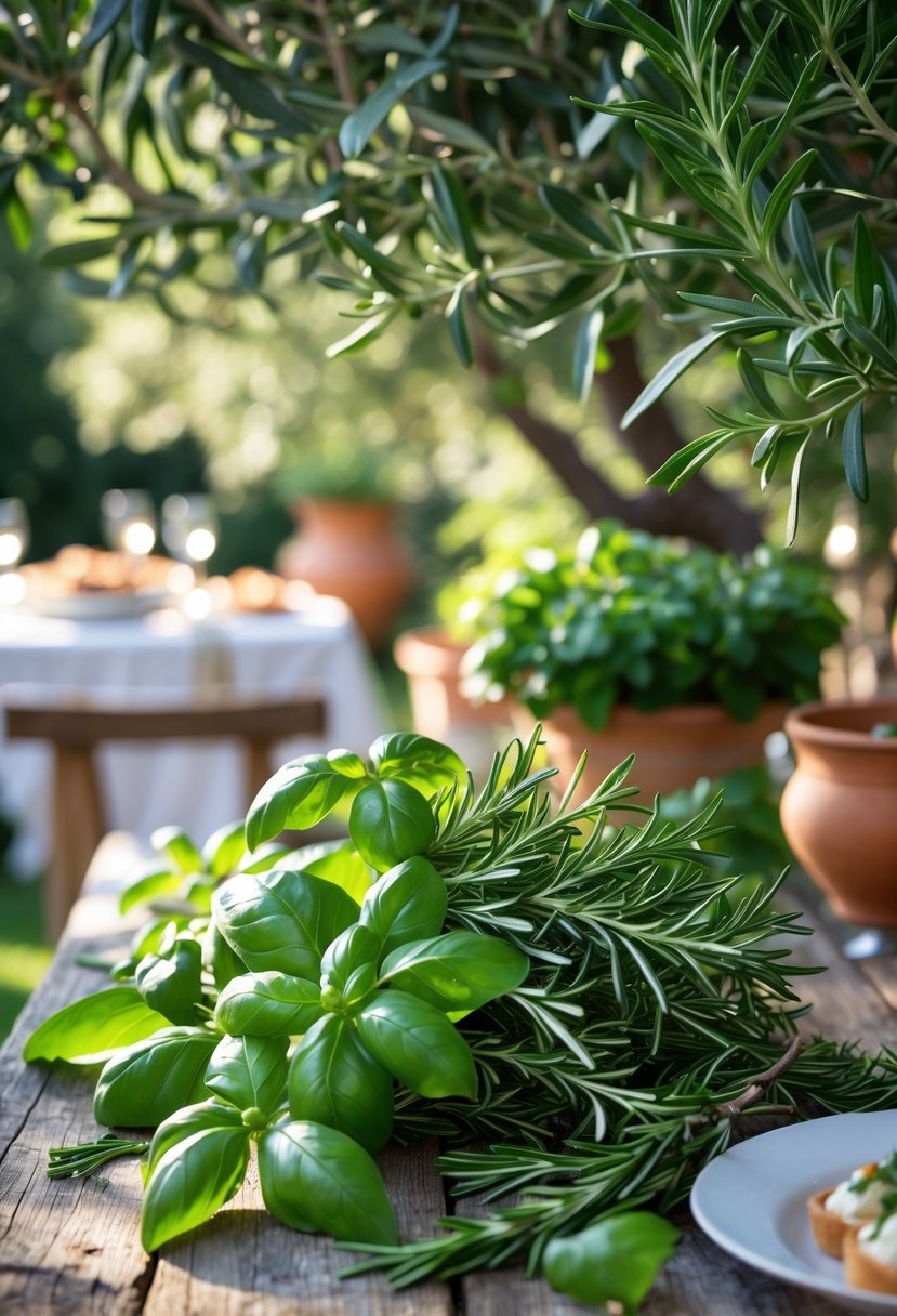 Fresh basil and rosemary sprigs arranged on a wooden table outdoors with garden plants in the background.