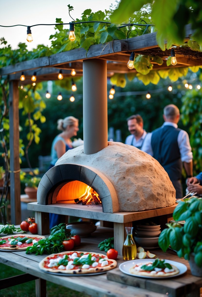 An outdoor garden party with a wood-fired pizza oven, fresh ingredients on tables, and people enjoying making pizzas surrounded by greenery and string lights.