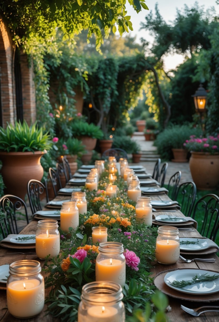 An outdoor garden party table decorated with lit Mason jar candle holders surrounded by plants and flowers.