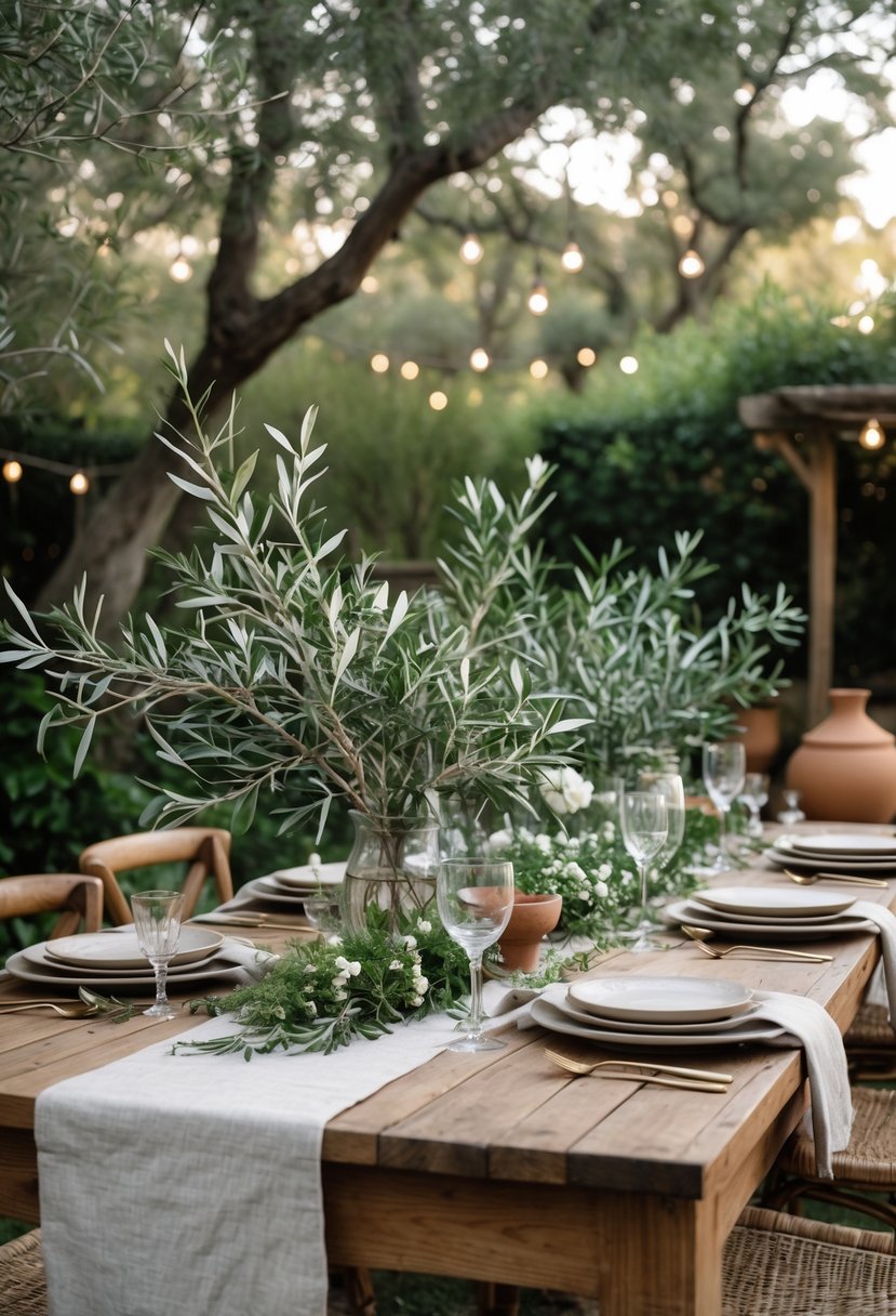 A wooden table outdoors decorated with olive branches along the centerpiece, surrounded by greenery and rustic garden elements.