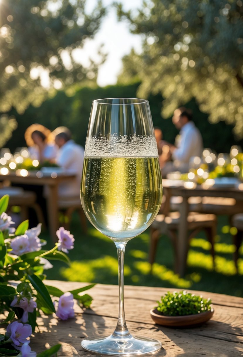 A glass of white wine outdoors at an Italian garden party with greenery and tables in the background.