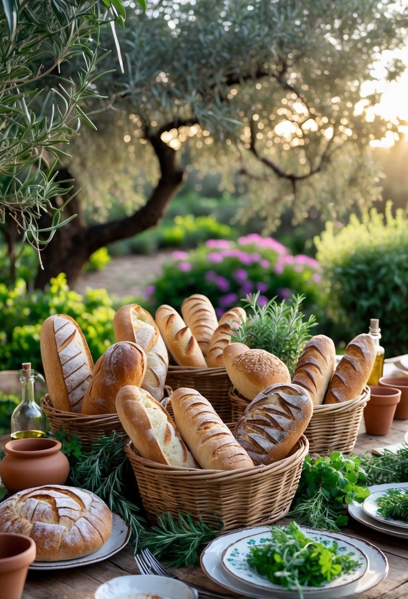 Woven bread baskets filled with assorted breads on a wooden table in a lush outdoor garden with greenery and flowers.