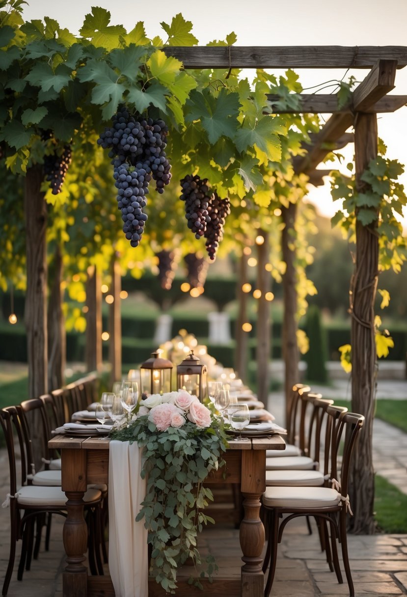 An outdoor Italian garden party with grapevine garlands hanging over a wooden pergola, a long table set with flowers and glassware, surrounded by greenery and soft lighting.