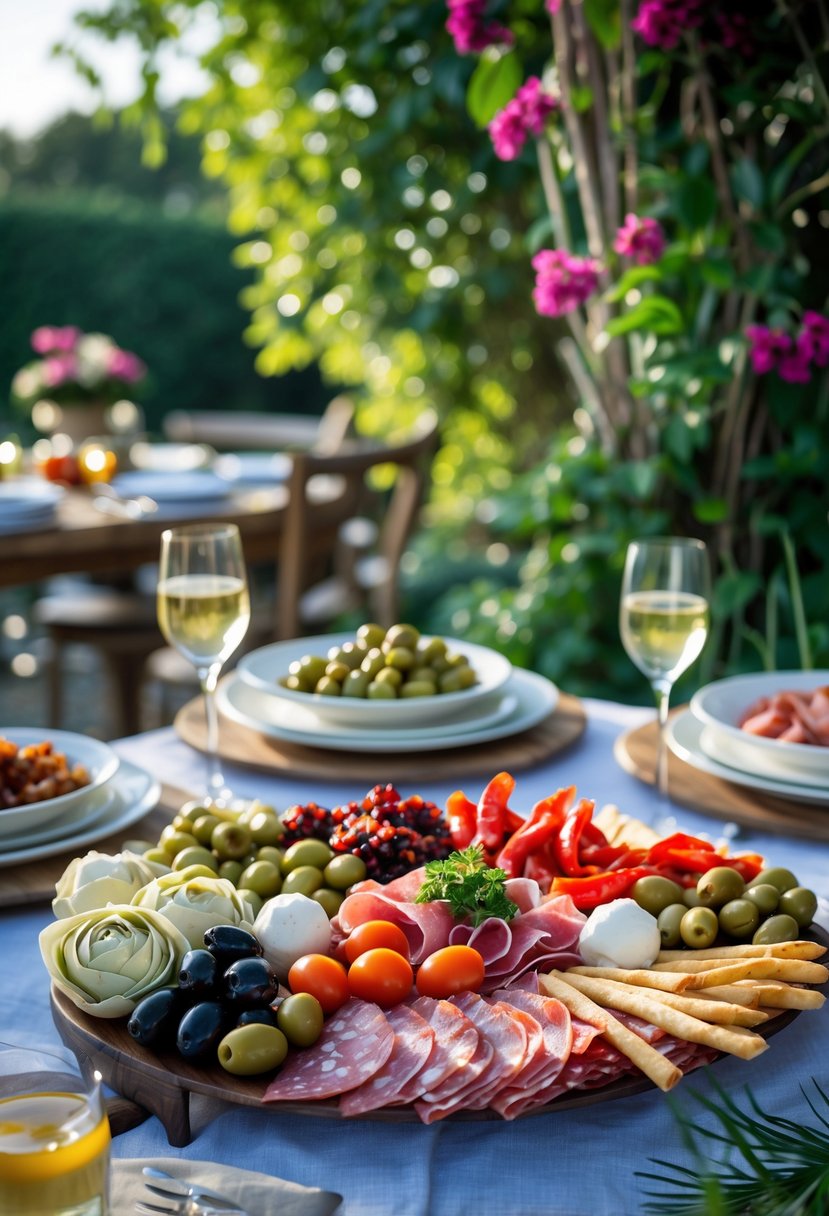 An antipasto platter with olives, cured meats, cheese, and vegetables on a table in a garden setting.
