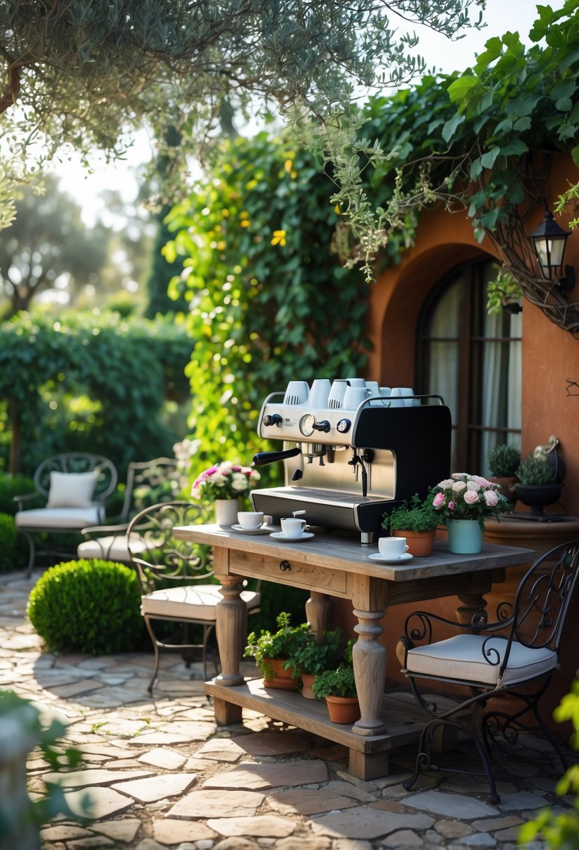 An outdoor espresso station in a garden with a wooden table, espresso machine, flowers, and greenery under natural sunlight.