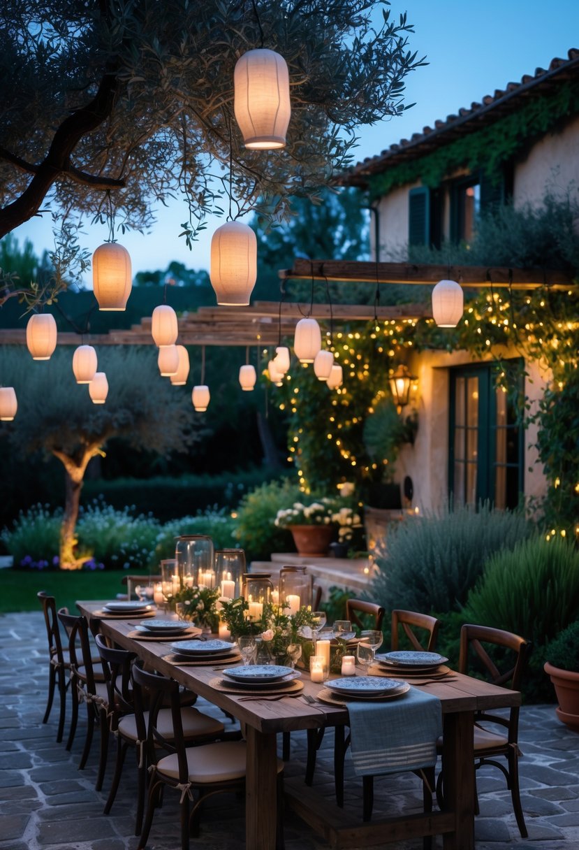 Outdoor Italian garden party scene with hanging lanterns glowing over a rustic stone patio surrounded by greenery and flowers.