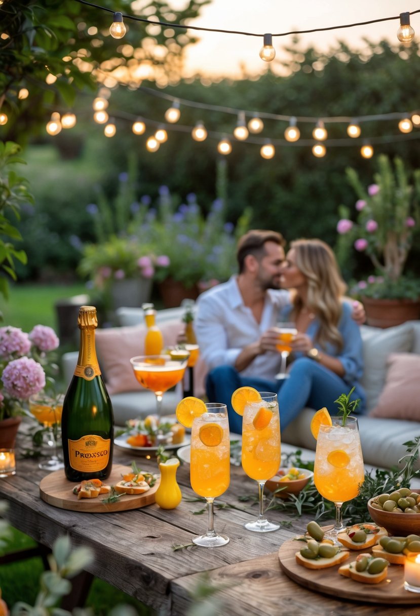 A romantic outdoor garden party with a table set with Prosecco bottles, Aperol Spritz glasses, and Italian appetizers surrounded by greenery and string lights.