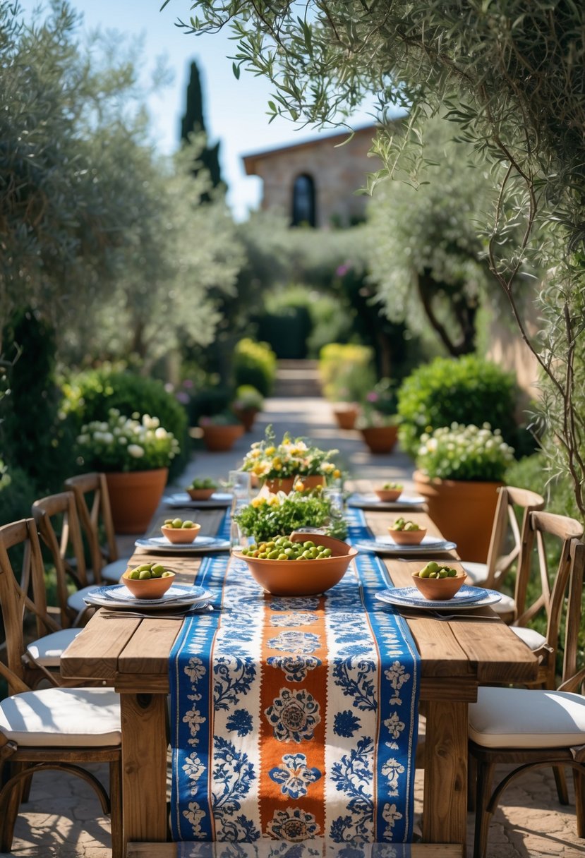 An outdoor wooden table with a colorful Mediterranean-patterned table runner set for a garden party, surrounded by greenery and rustic chairs.