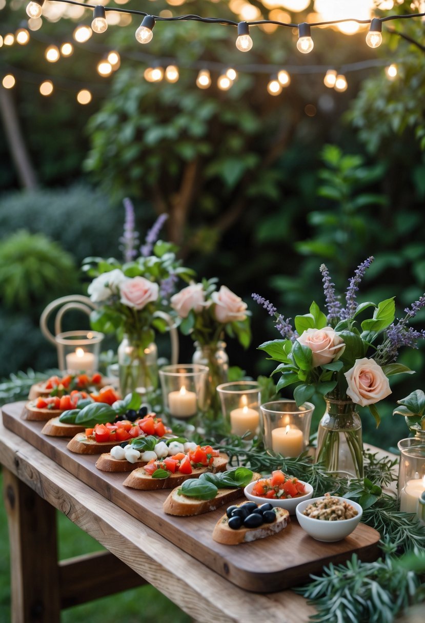 A rustic outdoor bruschetta bar with bowls of fresh toppings and toasted bread on a wooden table surrounded by garden plants and string lights.