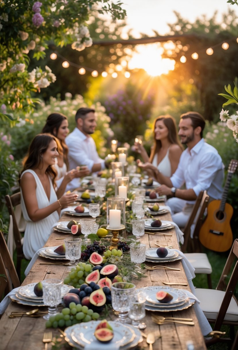 An outdoor Italian garden party with a rustic wooden table set with fruit, flowers, and candles, surrounded by greenery and softly lit by string lights during sunset.