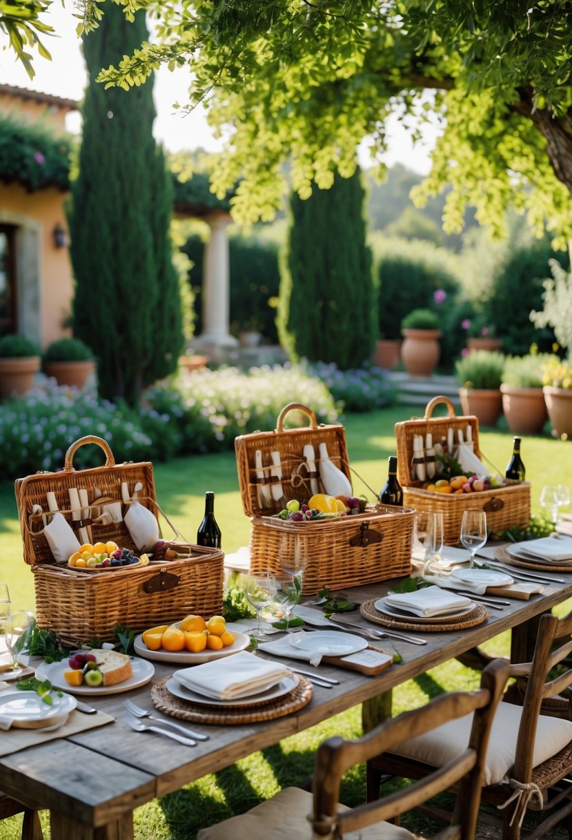 Outdoor garden scene with wicker picnic baskets on a wooden table surrounded by greenery and flowers.