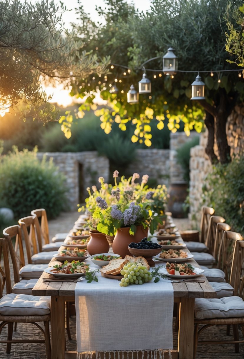 An outdoor rustic Italian garden party setup with a wooden table decorated with flowers, grapes, and traditional Italian food, surrounded by greenery and warm hanging lights.