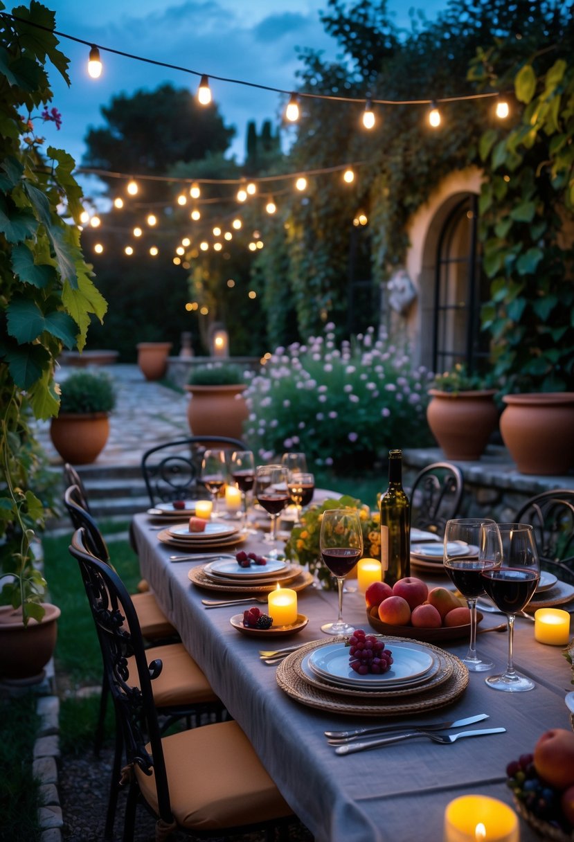 Outdoor garden table set for a romantic evening with glowing candles and lush greenery surrounding it.