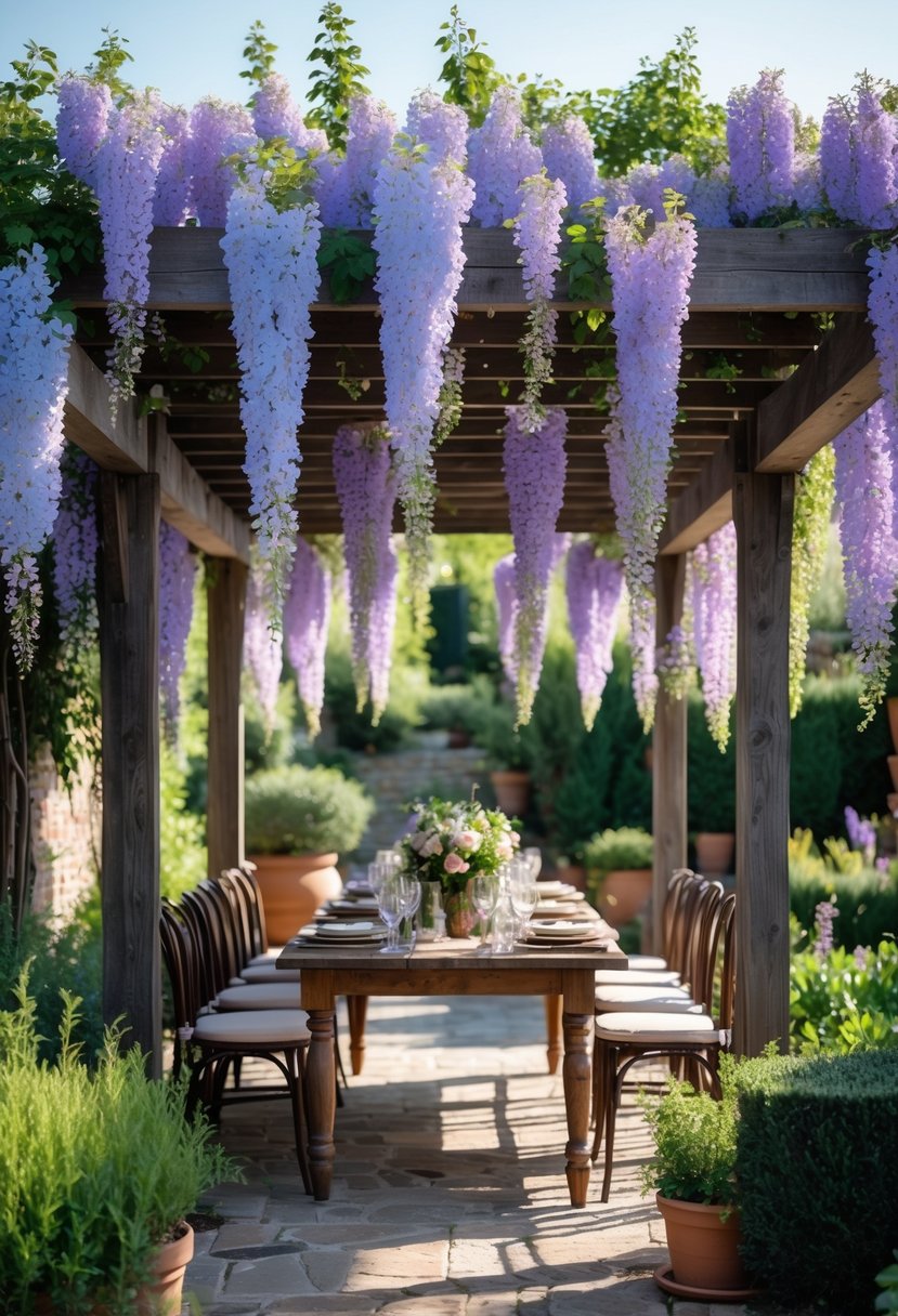 A rustic wooden pergola covered with purple wisteria vines in a garden with a wooden table set for an outdoor party surrounded by greenery.