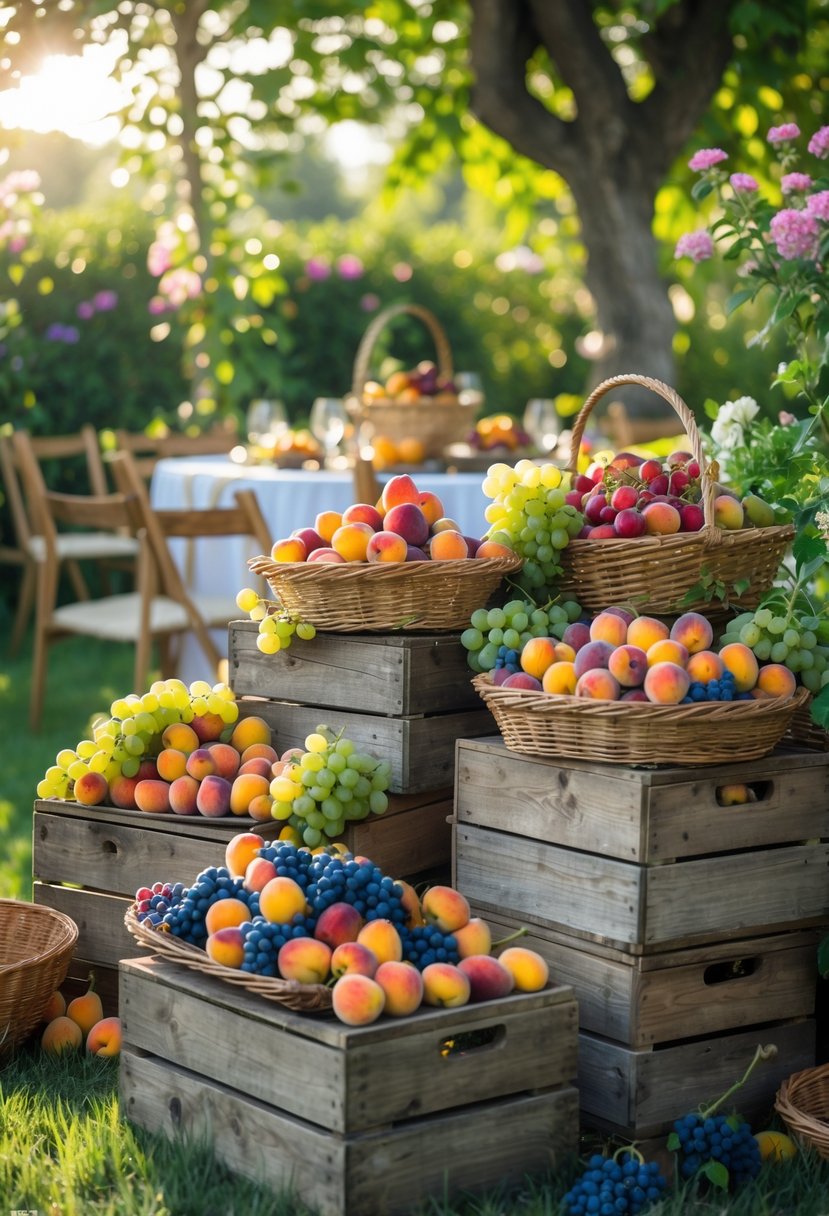 Rustic wooden crates holding baskets of fresh colorful fruits in a garden with greenery and flowers.