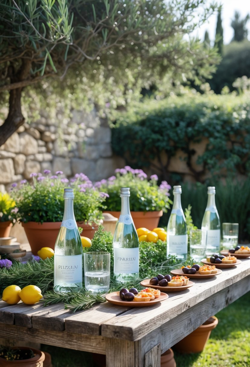 An outdoor Italian garden party setup with bottles of sparkling and still water on a wooden table surrounded by fresh herbs, lemons, olives, and flowers in a sunny garden.