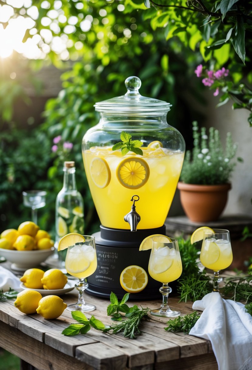 A wooden table in a garden with a glass dispenser of yellow Limoncello cocktail, glasses with lemon wedges, fresh lemons, and herbs surrounded by green plants and flowers.