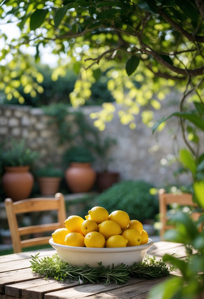 A bowl of fresh lemons on a wooden table in a garden setting with greenery and sunlight.