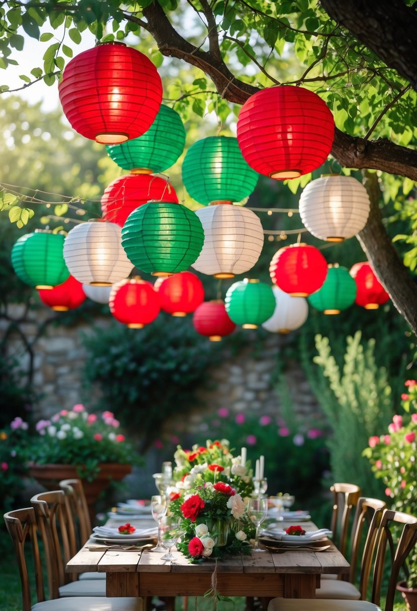 Outdoor garden party with red, white, and green paper lanterns hanging above a decorated table surrounded by greenery.